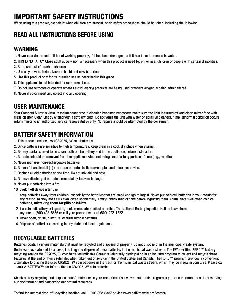 Page 1 of the manual User Manual Conair Reflections BE13