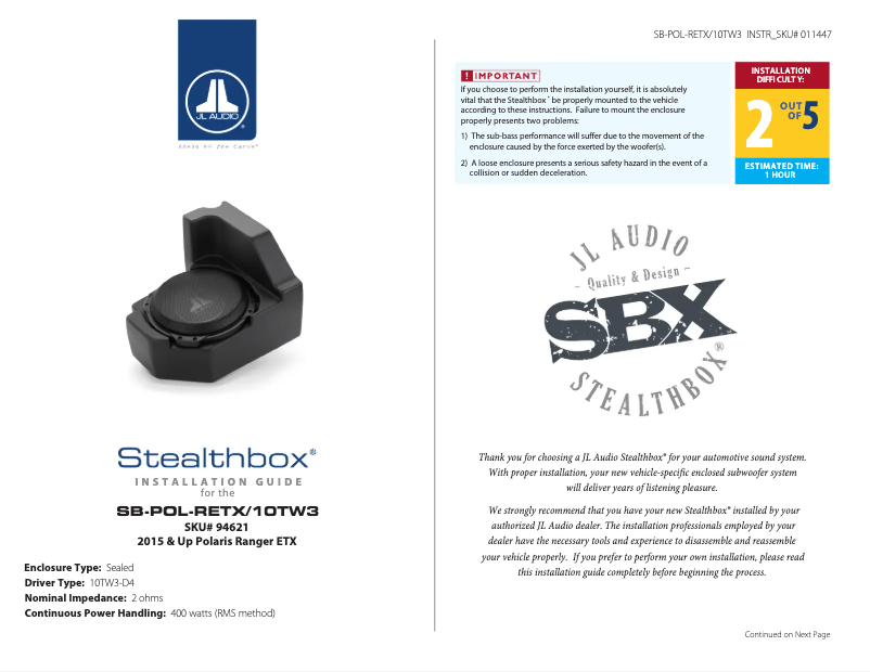 First page image of the manual for Stealthbox SB-POL-RETX/10TW3