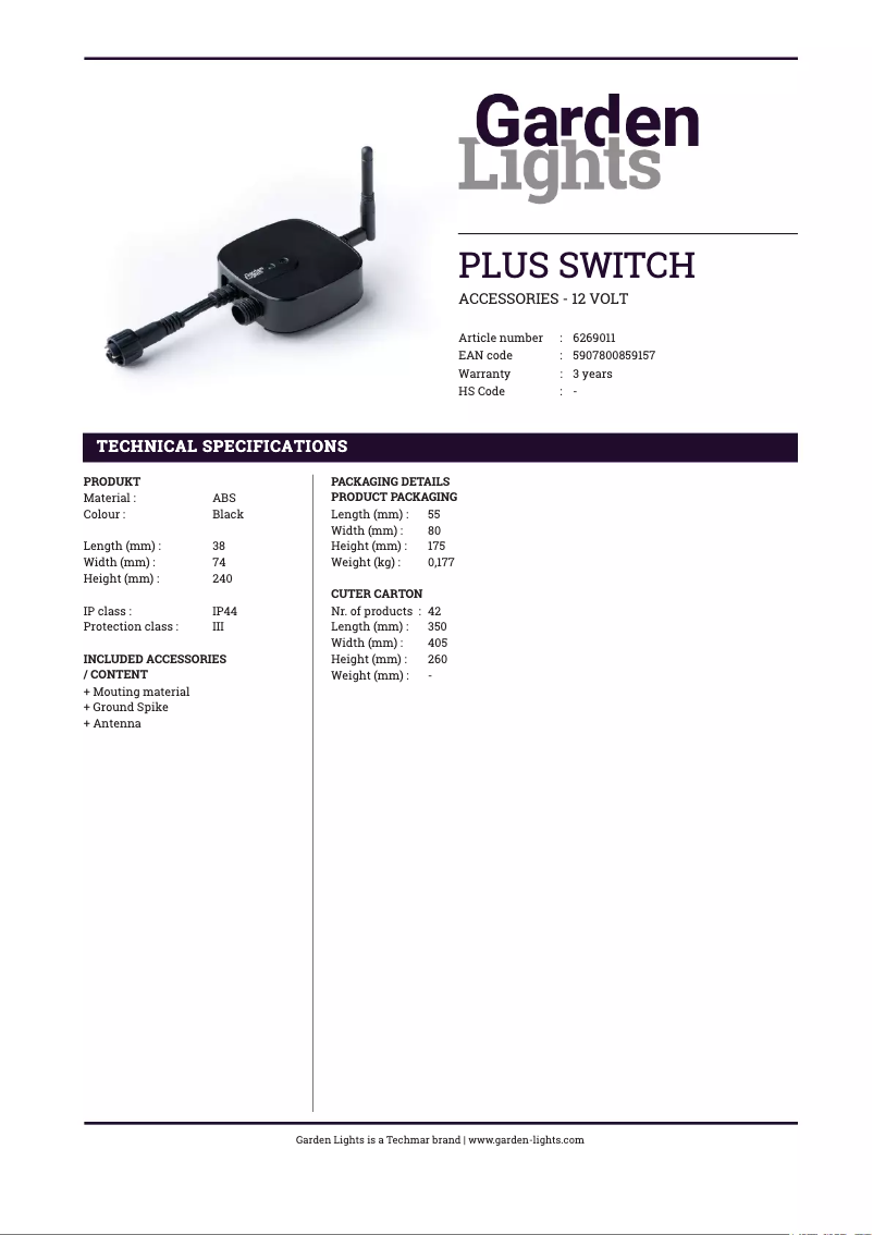 Page 1 of the manual Technical Sheet Garden Lights GL6269011