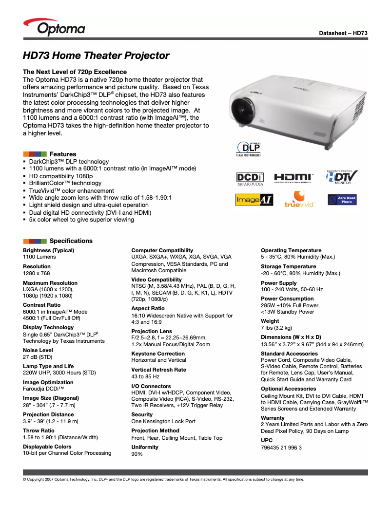 First page image of the manual for HD73