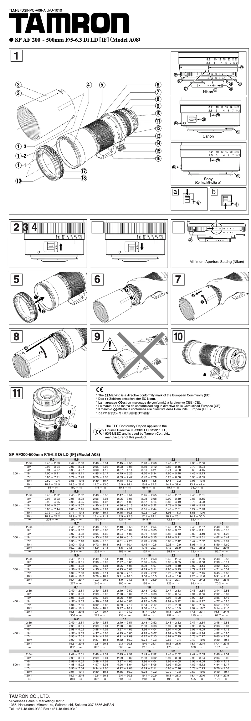 First page image of the manual for SP AF200-500mm F/5-6.3 Di LD [IF]
