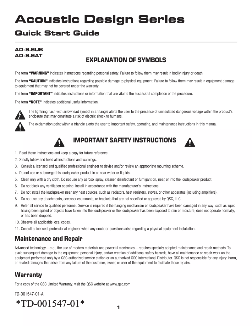 First page image of the manual for AcousticDesign AD-S.SAT