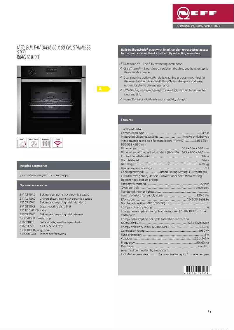 Page 1 of the manual Technical Sheet Neff B6ACH7HH0B