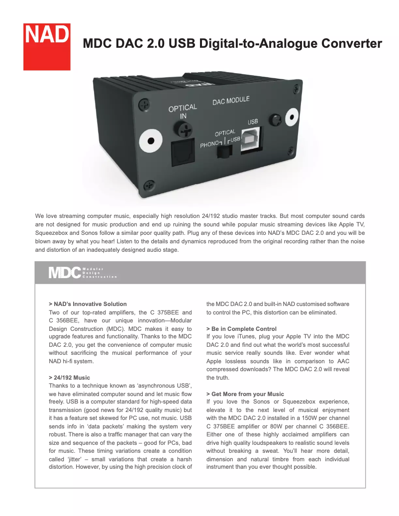 First page image of the manual for MDC DAC 2.0