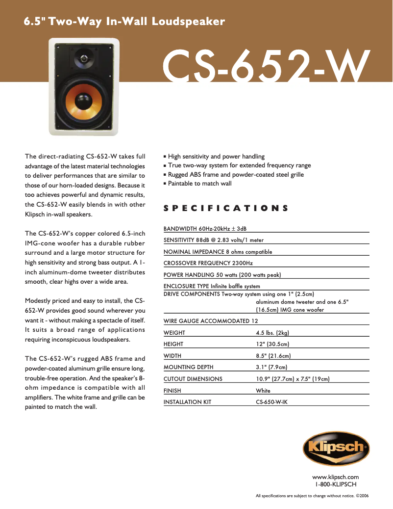 Page 1 of the manual Technical Sheet Klipsch CS-652-W