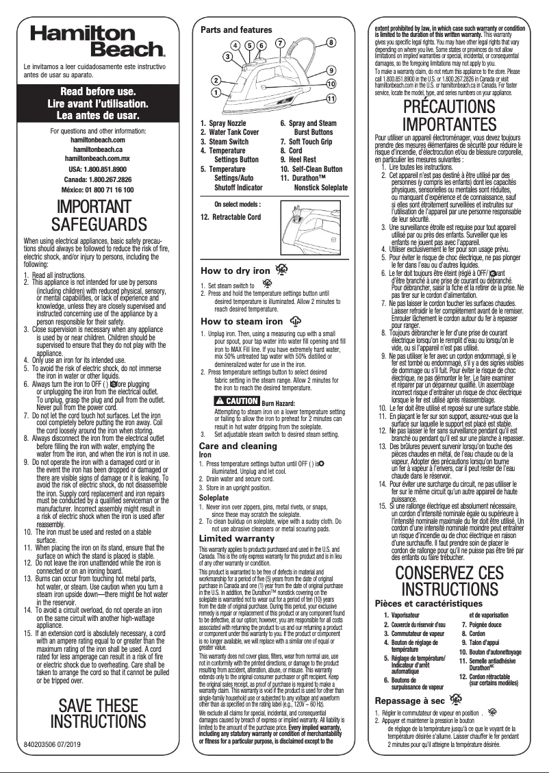 Page 1 of the manual Use and Maintenance Manual Hamilton Beach Durathon 19901