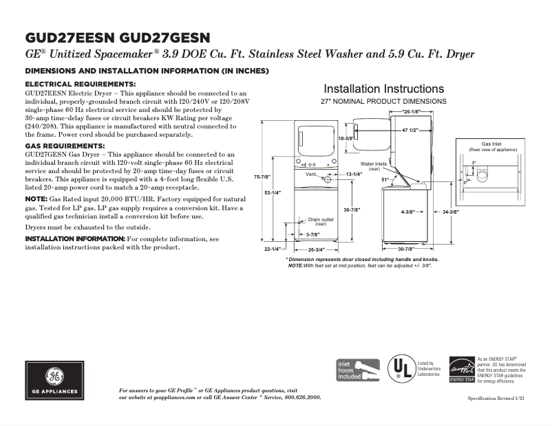 First page image of the manual for Spacemaker GUD27GESNWW