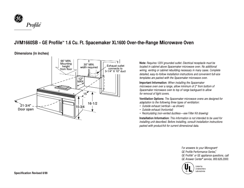 Page 1 of the manual Technical Sheet GE Profile JVM1660SB