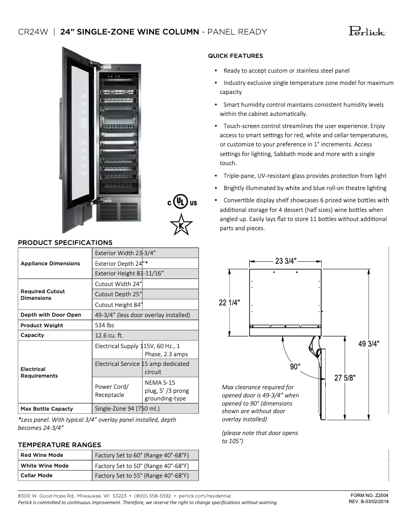 Page 1 of the manual Technical Sheet Perlick CR24W-1-4L