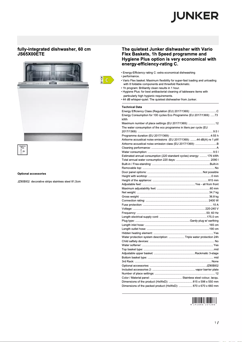 Page 1 of the manual Technical Sheet Junker JS65X00ETE