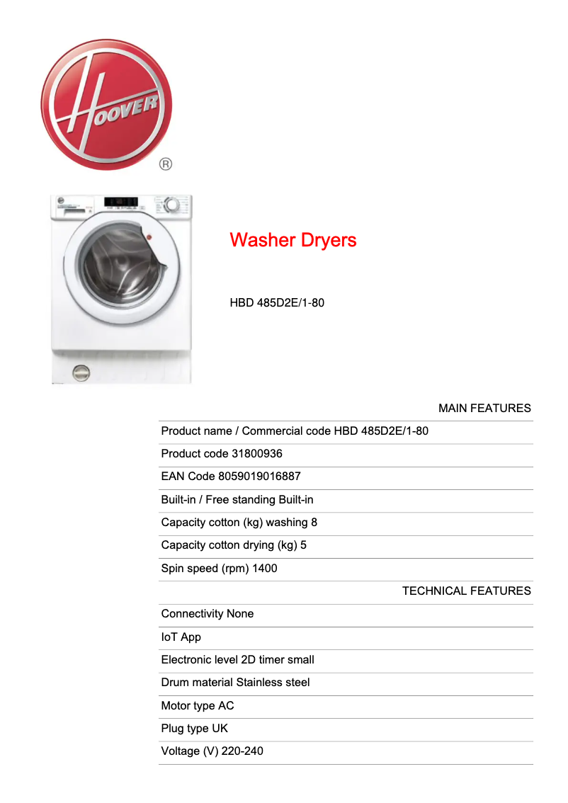 Page 1 of the manual Technical Sheet Hoover HBD 485D2E/1-80
