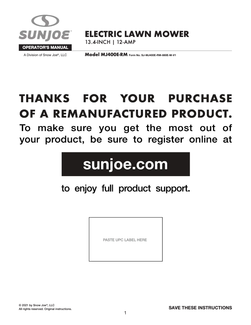 Page 1 of the manual User Manual Sun Joe MJ400E-RM