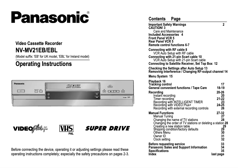 First page image of the manual for NV-MV21EB