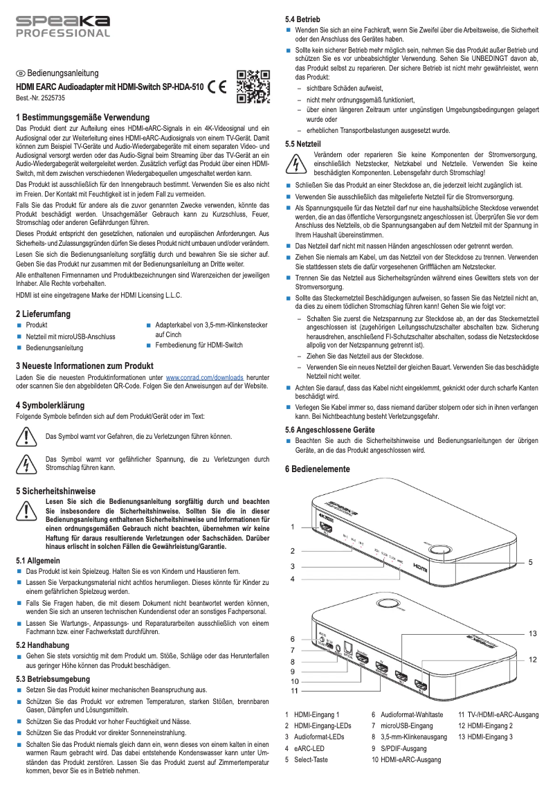 First page image of the manual for SP-HDA-510