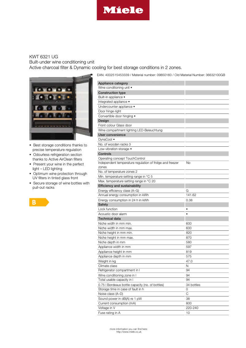 Page 1 of the manual Technical Sheet Miele KWT 6321 UG