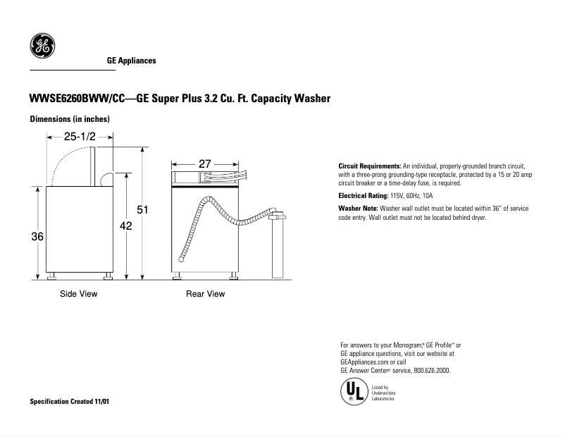 Page 1 of the manual Technical Sheet GE WWSE6260BWW