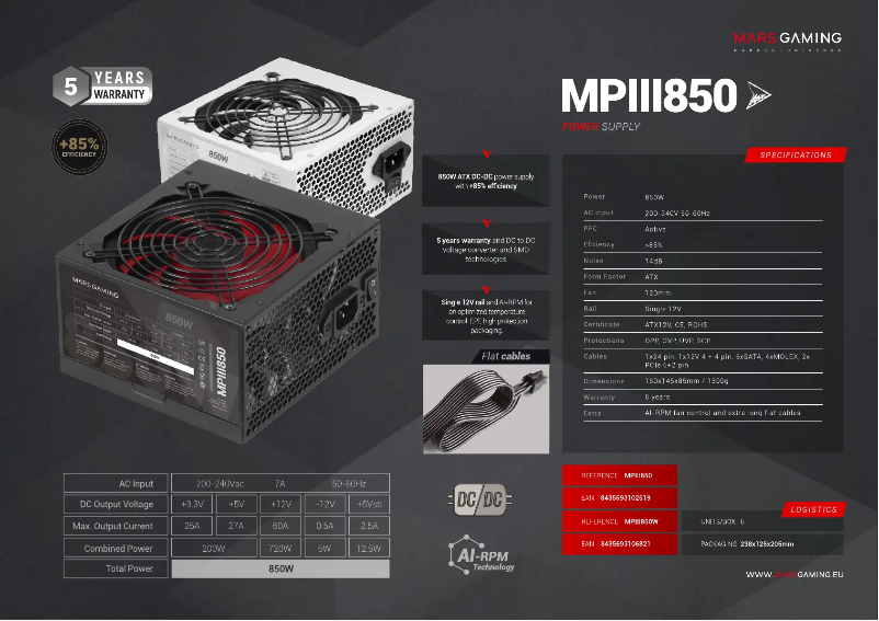 Page 1 of the manual Technical Sheet Mars Gaming MPIII850