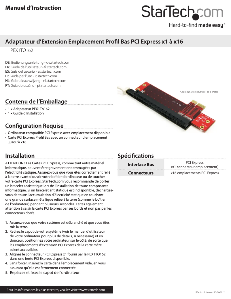 First page image of the manual for PEX1TO162
