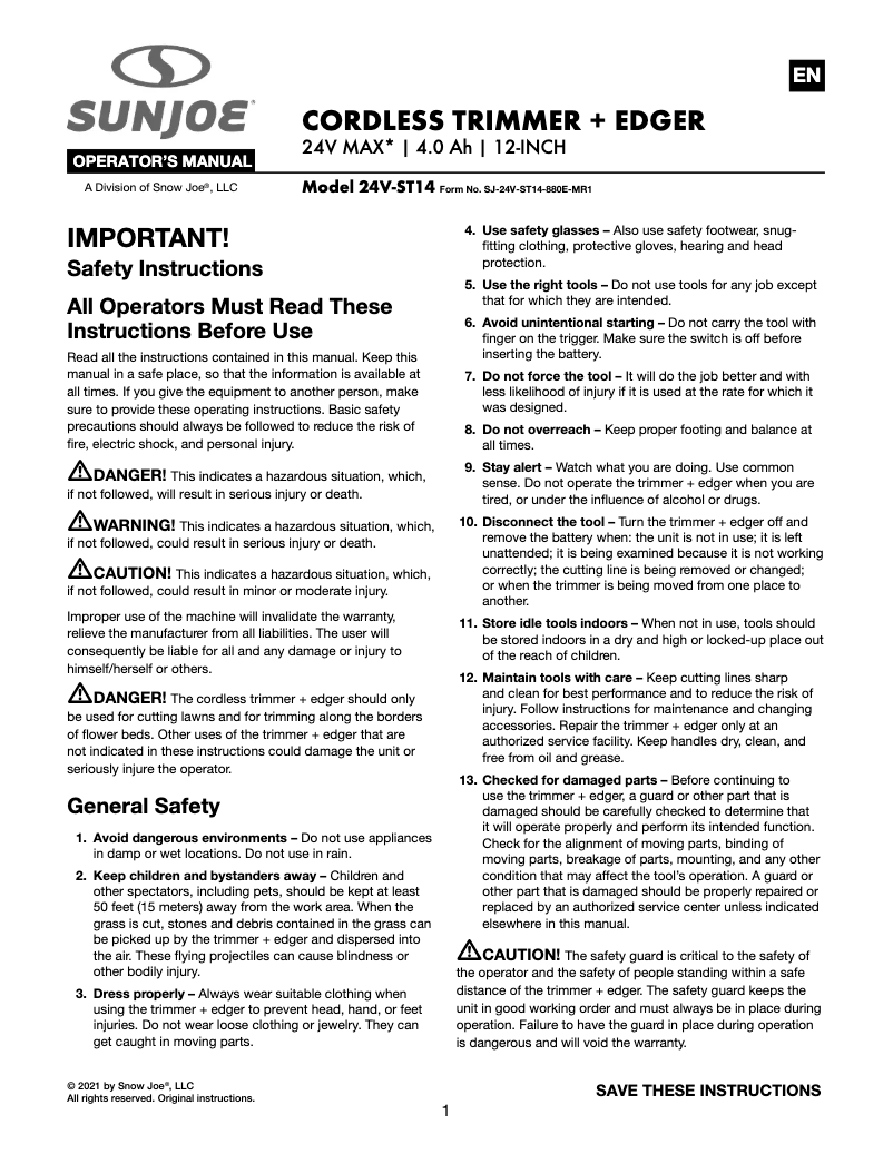 Page 1 of the manual User Manual Sun Joe 24V-ST14B-CT