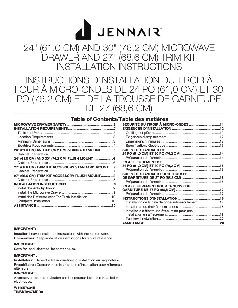 Page 1 of the manual Installation Guide JennAir JMDFS30HM