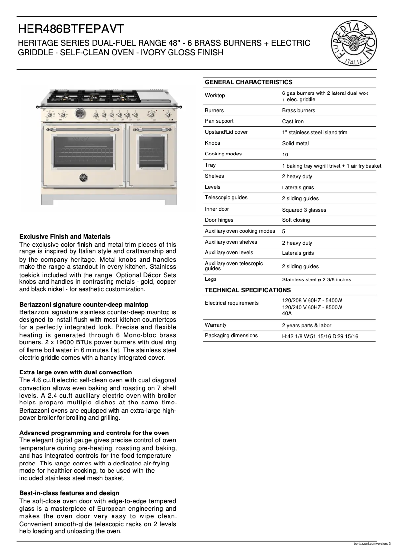 Page 1 of the manual Technical Sheet Bertazzoni HER486BTFEPAVT