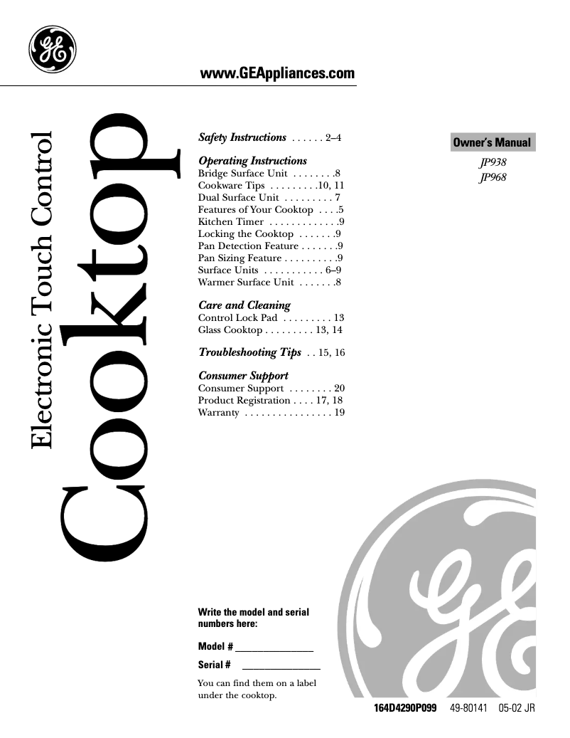 Page 1 of the manual Use and Maintenance Manual GE Profile JP938BCBB