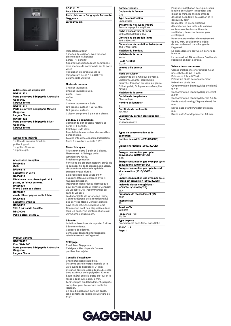 Page 1 of the manual Technical Sheet Gaggenau BOP211102