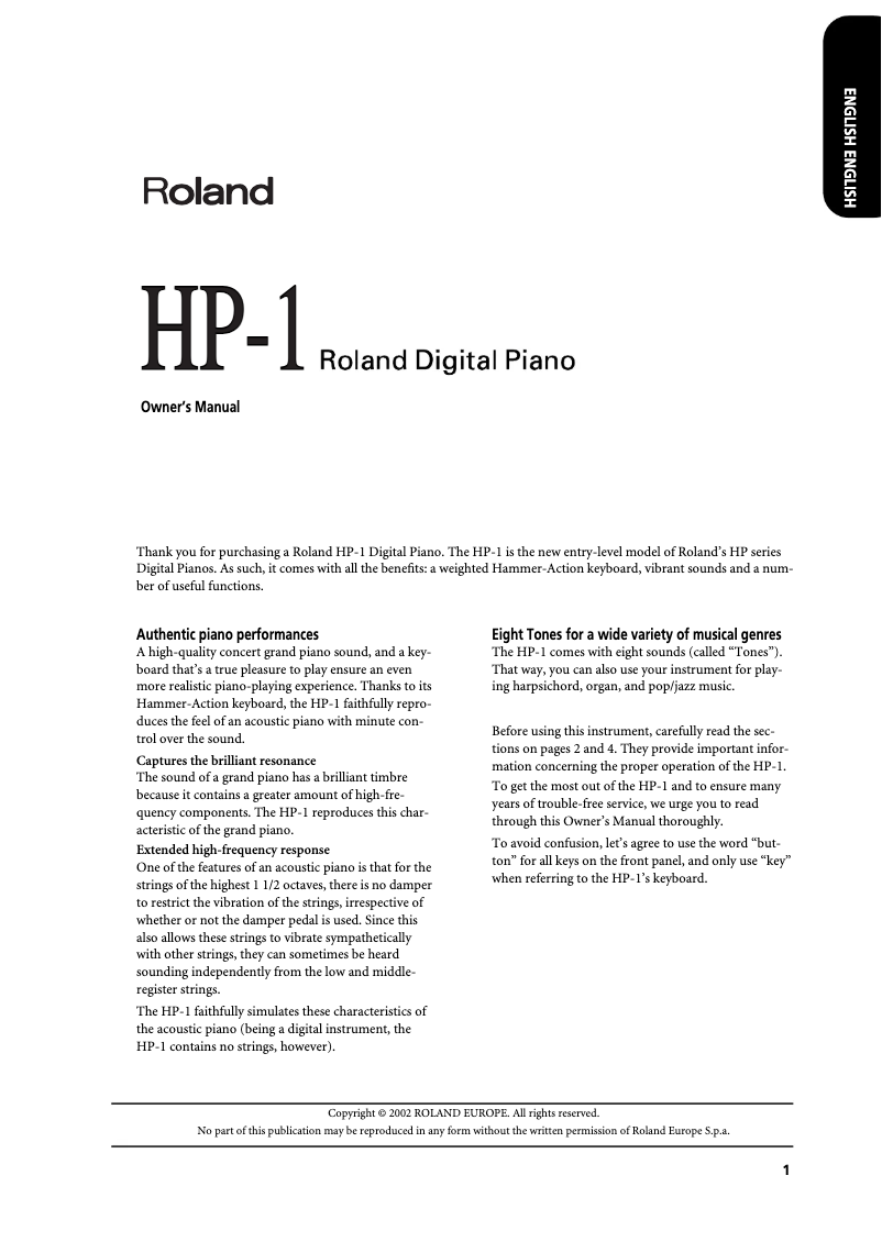 First page image of the manual for HP-1