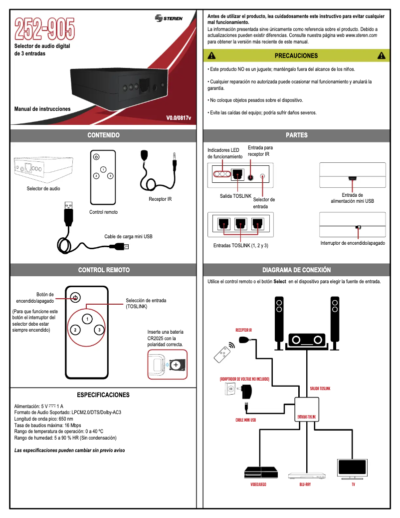 Page 1 of the manual User Manual Steren 252-905