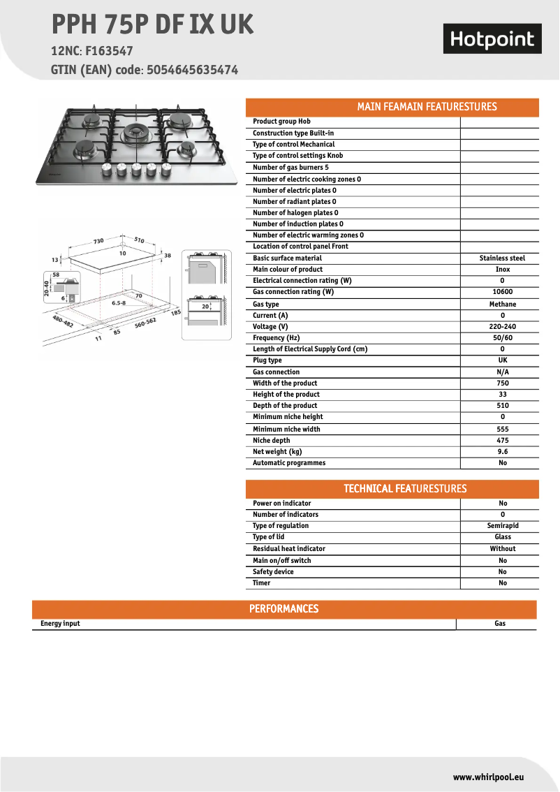 Page 1 of the manual Technical Sheet Hotpoint PPH 75P DF IX UK