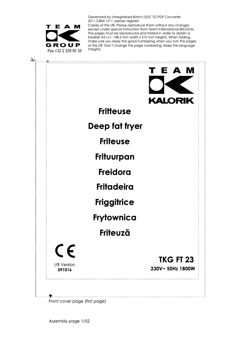 Page 1 of the manual User Manual Kalorik TKG FT 23