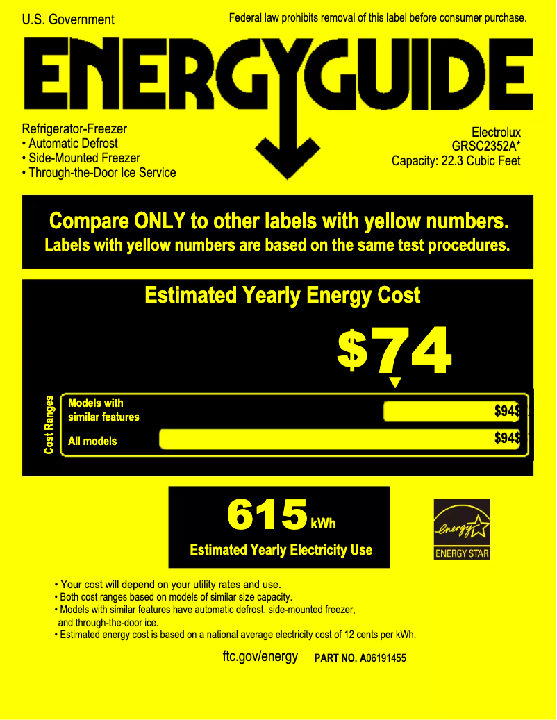 Page 1 of the manual Energy Label Frigidaire GRSC2352AD
