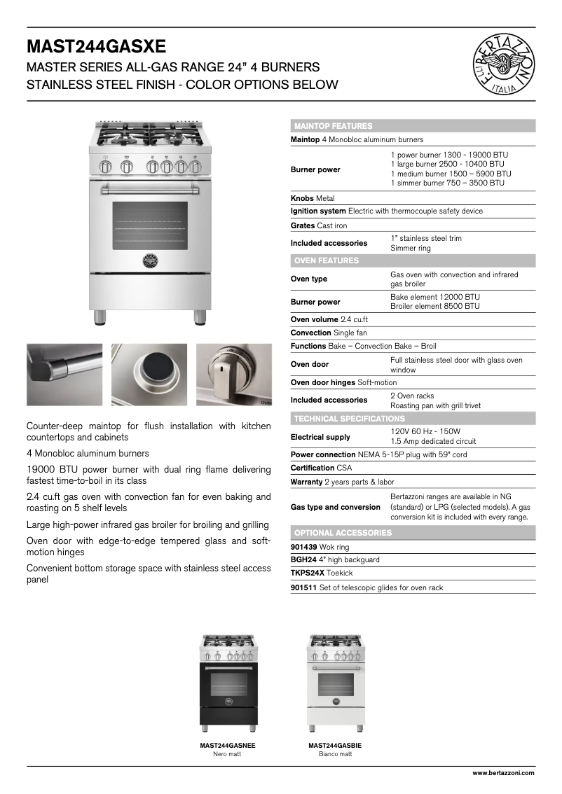 Page 1 of the manual Technical Sheet Bertazzoni MAST244GASBIE
