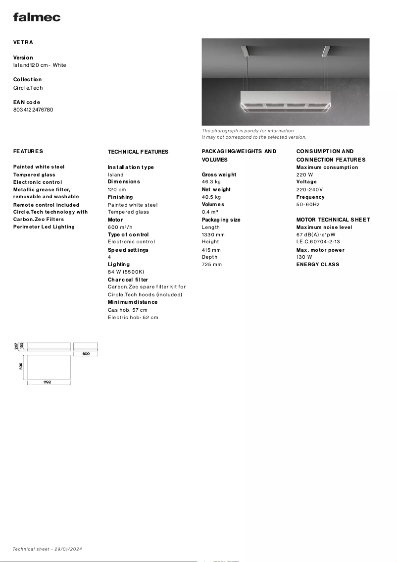 Page 1 of the manual Technical Sheet Falmec Vetra