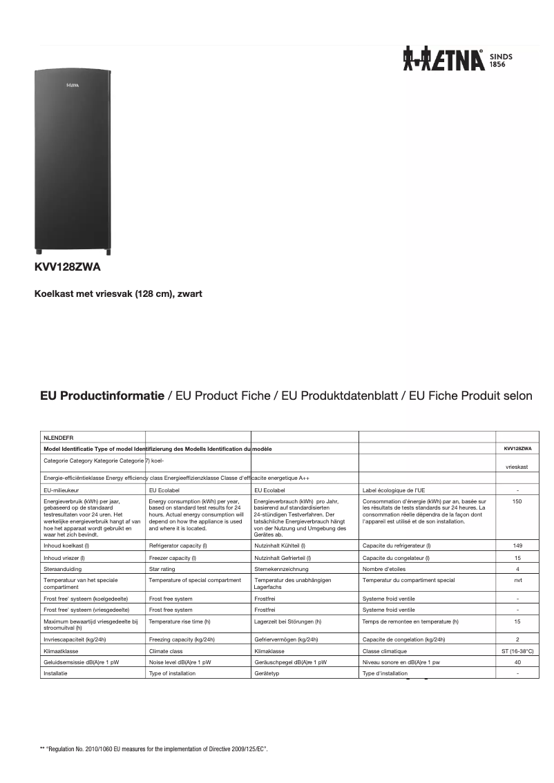 Page 1 of the manual Technical Sheet Etna KVV128ZWA