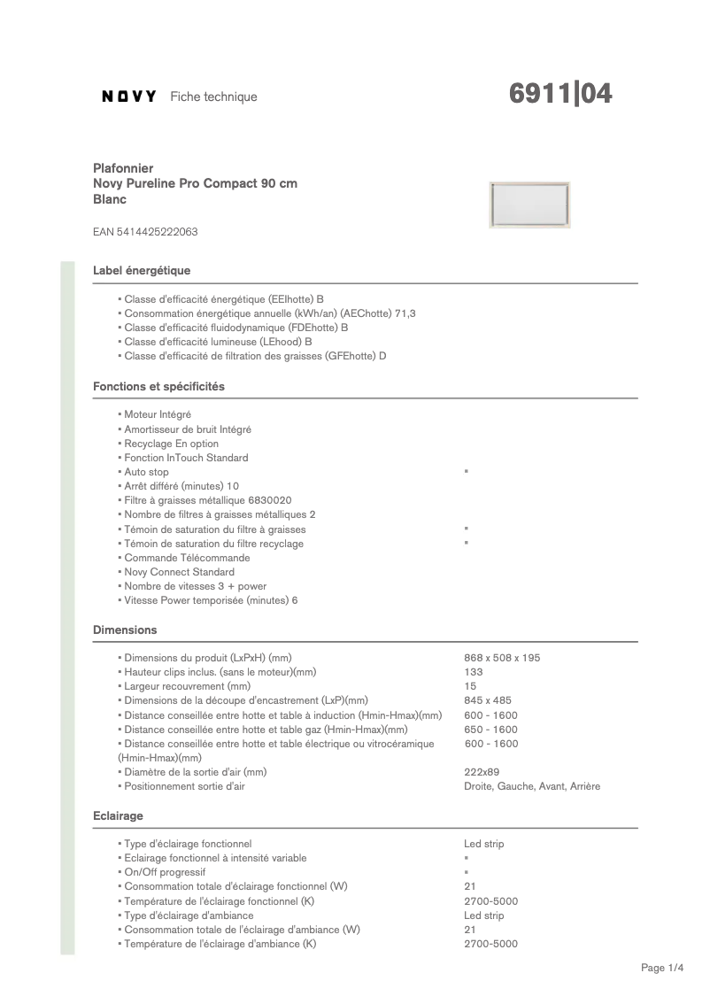 Page 1 of the manual Technical Sheet Novy Pureline Pro Compact 6911