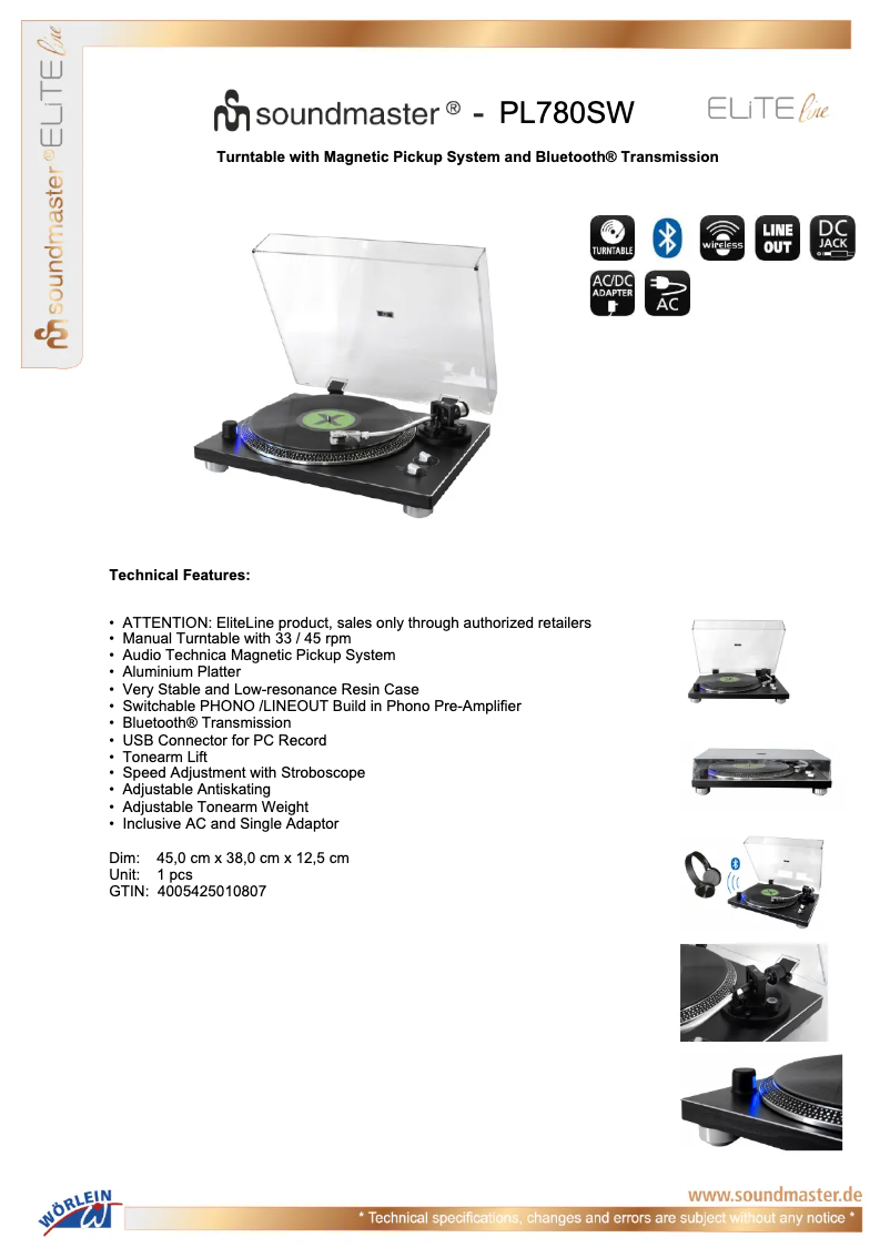 Page 1 of the manual Technical Sheet Soundmaster PL780