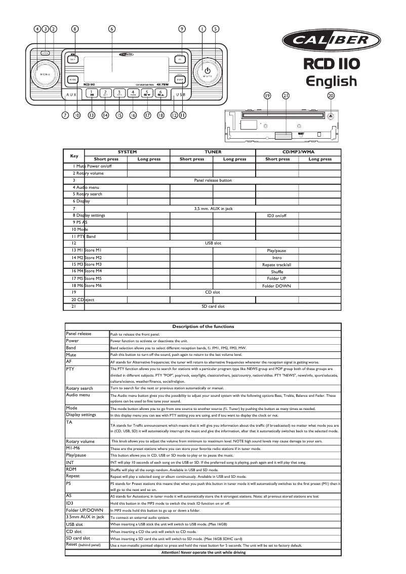 Page 1 of the manual User Manual Caliber RCD110