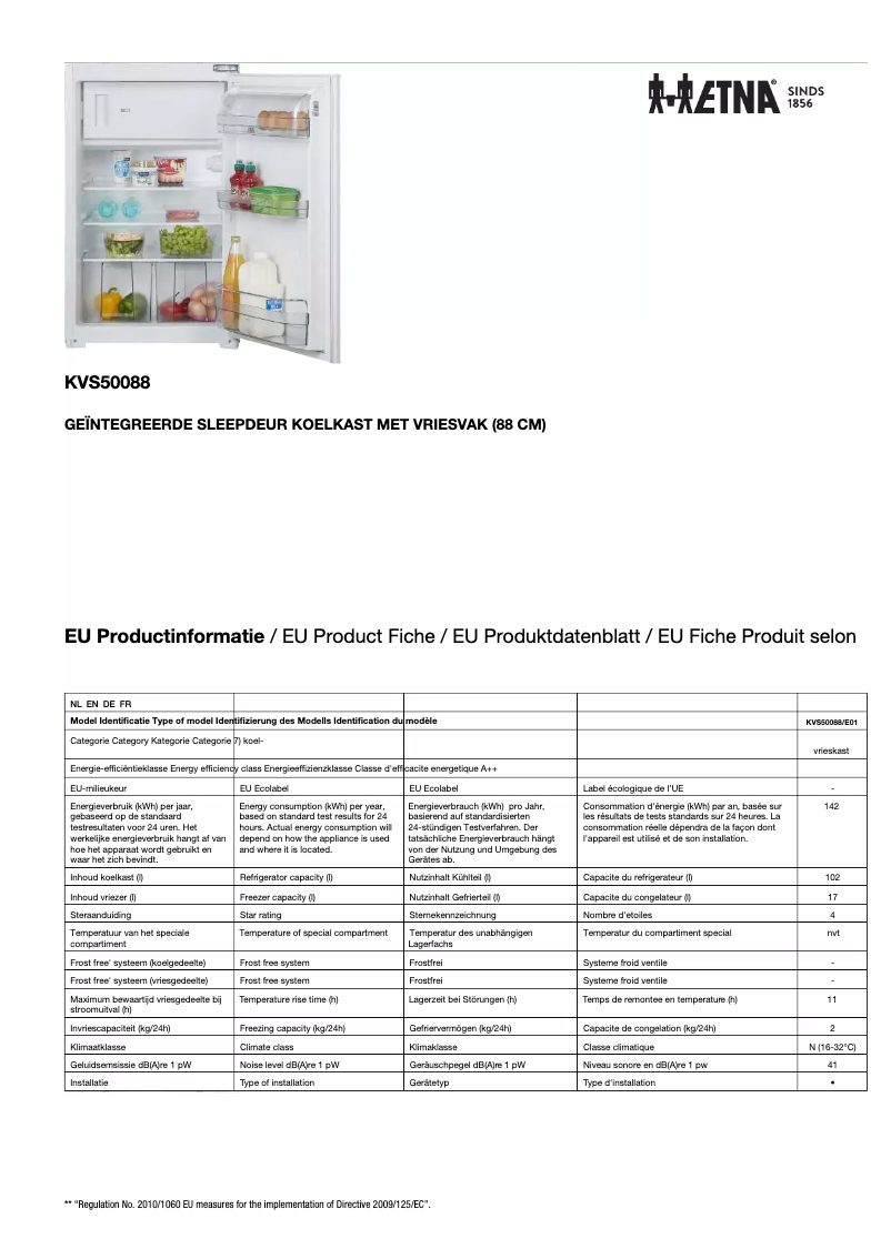 Page 1 of the manual Technical Sheet Etna KVS50088