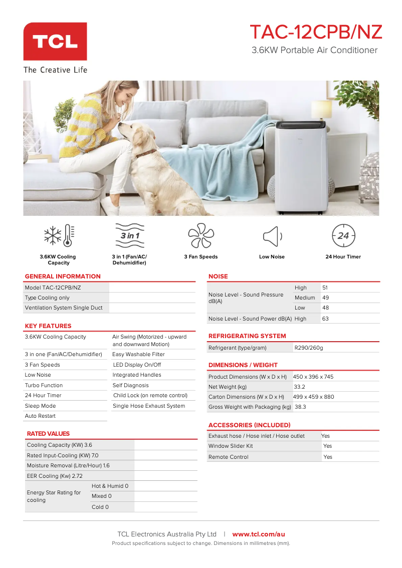 Page 1 of the manual Technical Sheet TCL TAC-12CPB/NZ