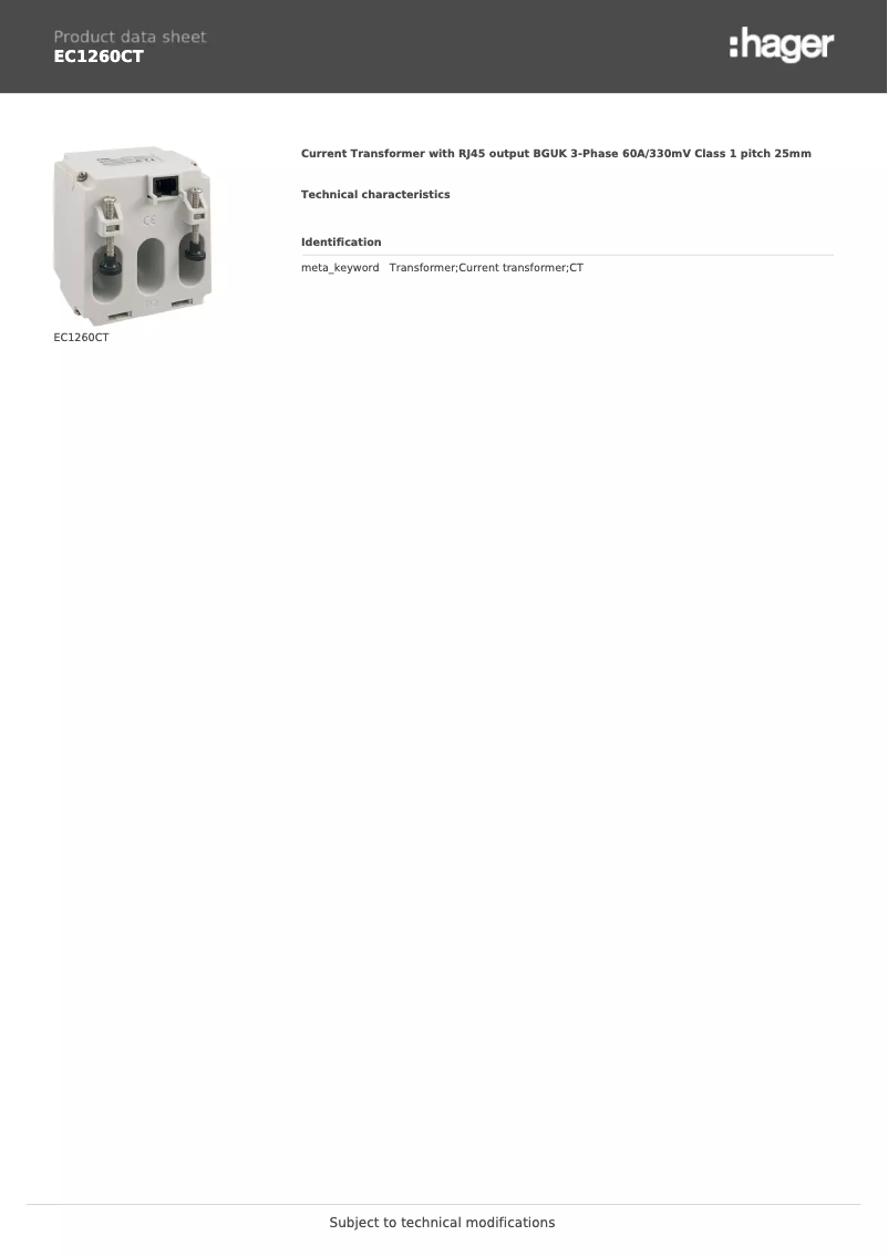 Page 1 of the manual Technical Sheet Hager EC1260CT