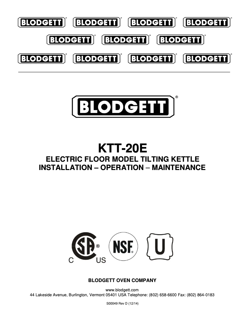 Page 1 of the manual User Manual Blodgett KTT-20E