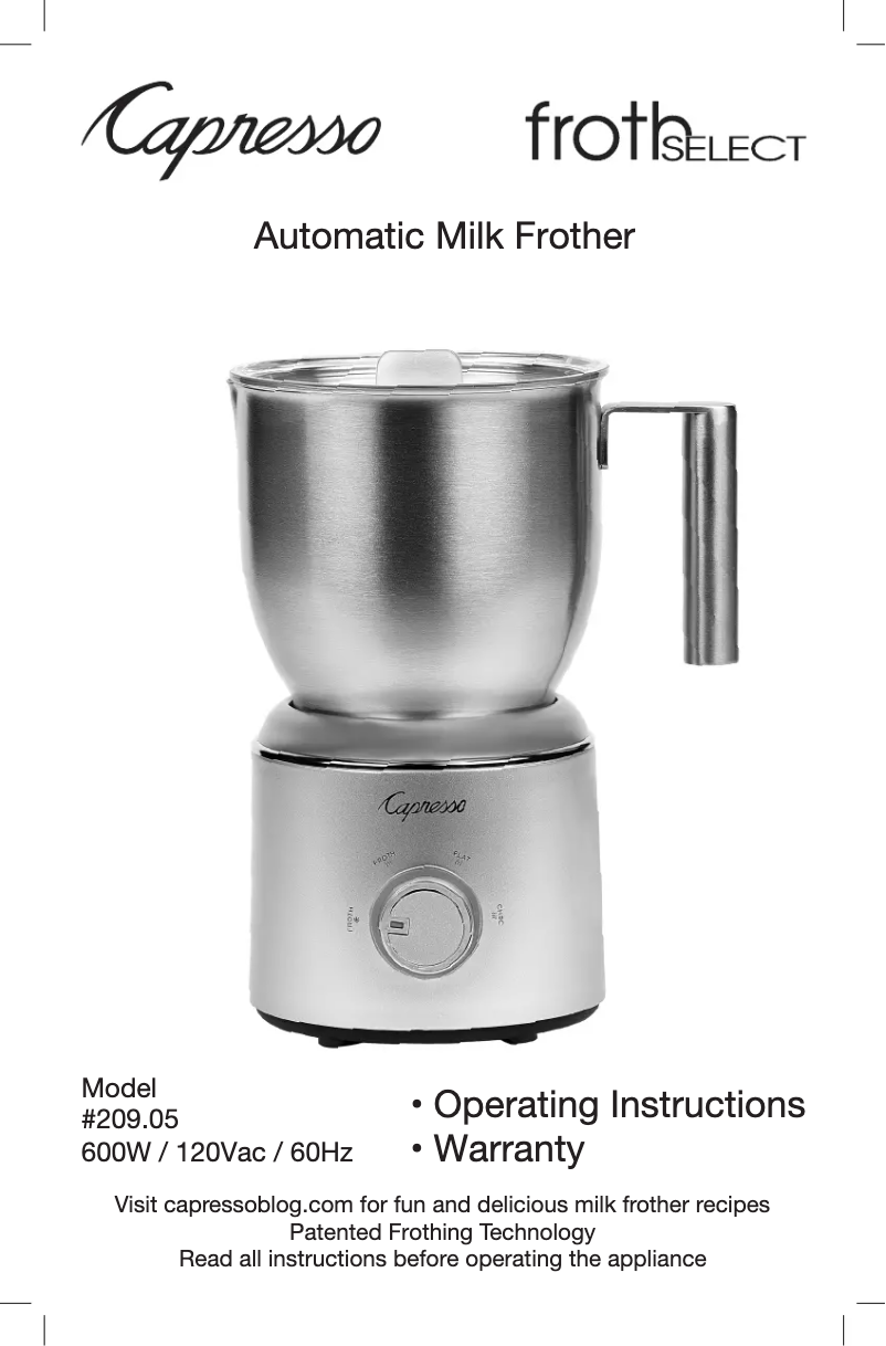 Page 1 of the manual User Manual Capresso Froth Select 209.05
