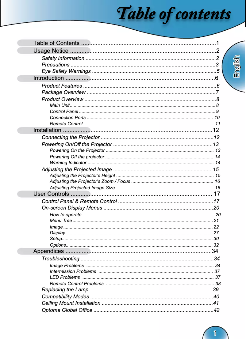 Page 1 of the manual User Manual Optoma HD72