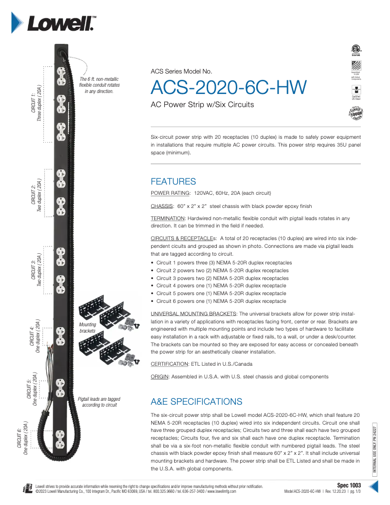 Page 1 of the manual User Manual Lowell ACS-2020-6C-HW