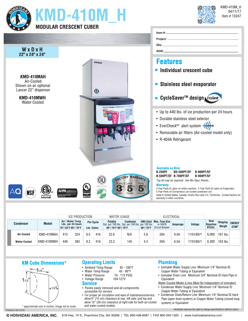 Page 1 of the manual Technical Sheet Hoshizaki KMD-410MWH
