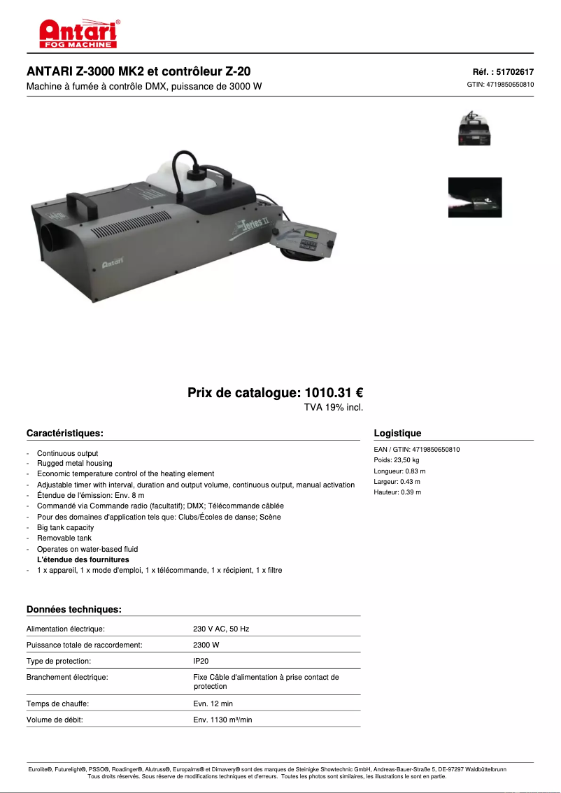 Page 1 of the manual Technical Sheet Antari Z-3000 MK2