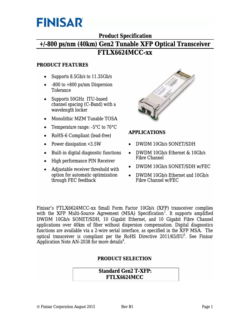 Page 1 of the manual User Manual Finisar FTLX6624MCC