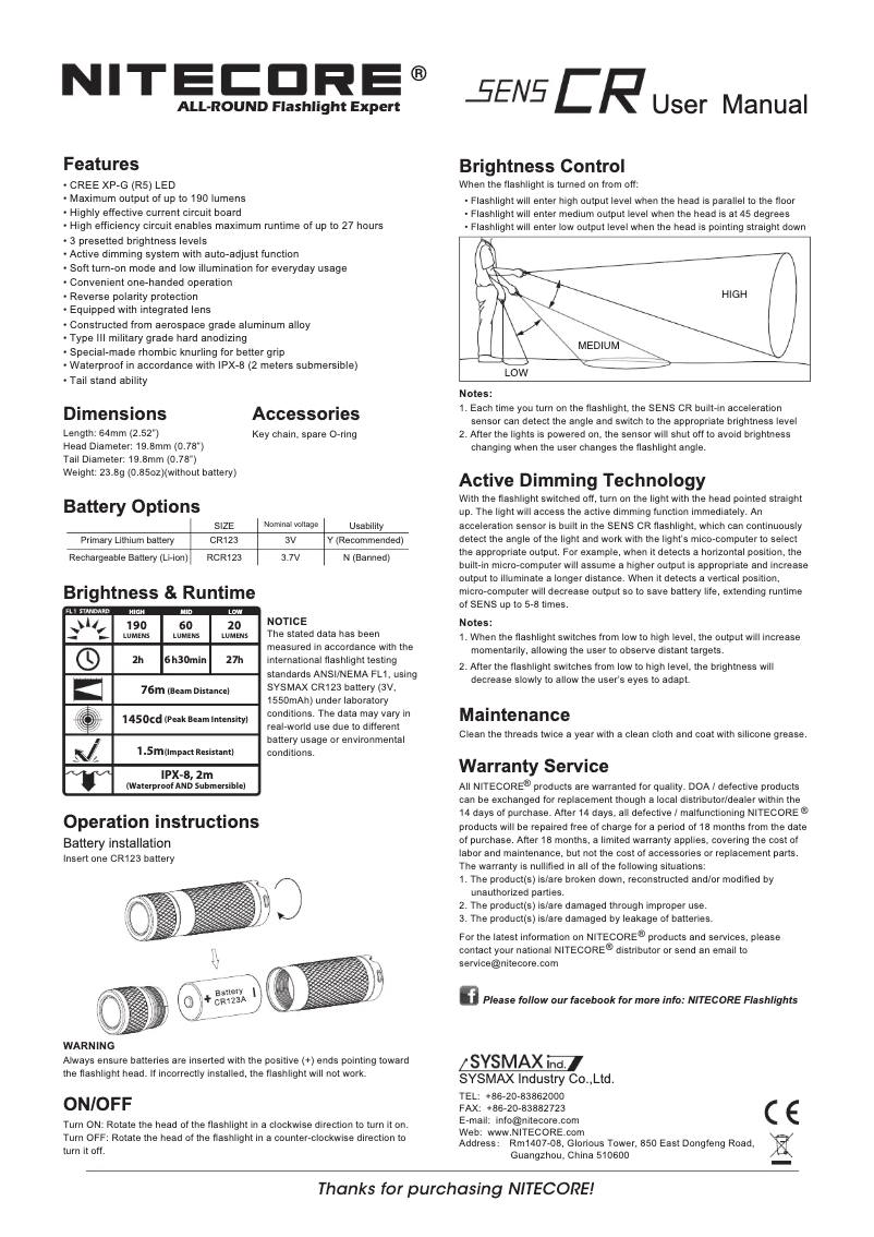 Page 1 of the manual User Manual Nitecore SENS CR