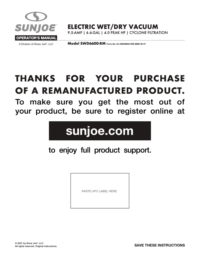 Page 1 of the manual User Manual Sun Joe SWD6600-RM